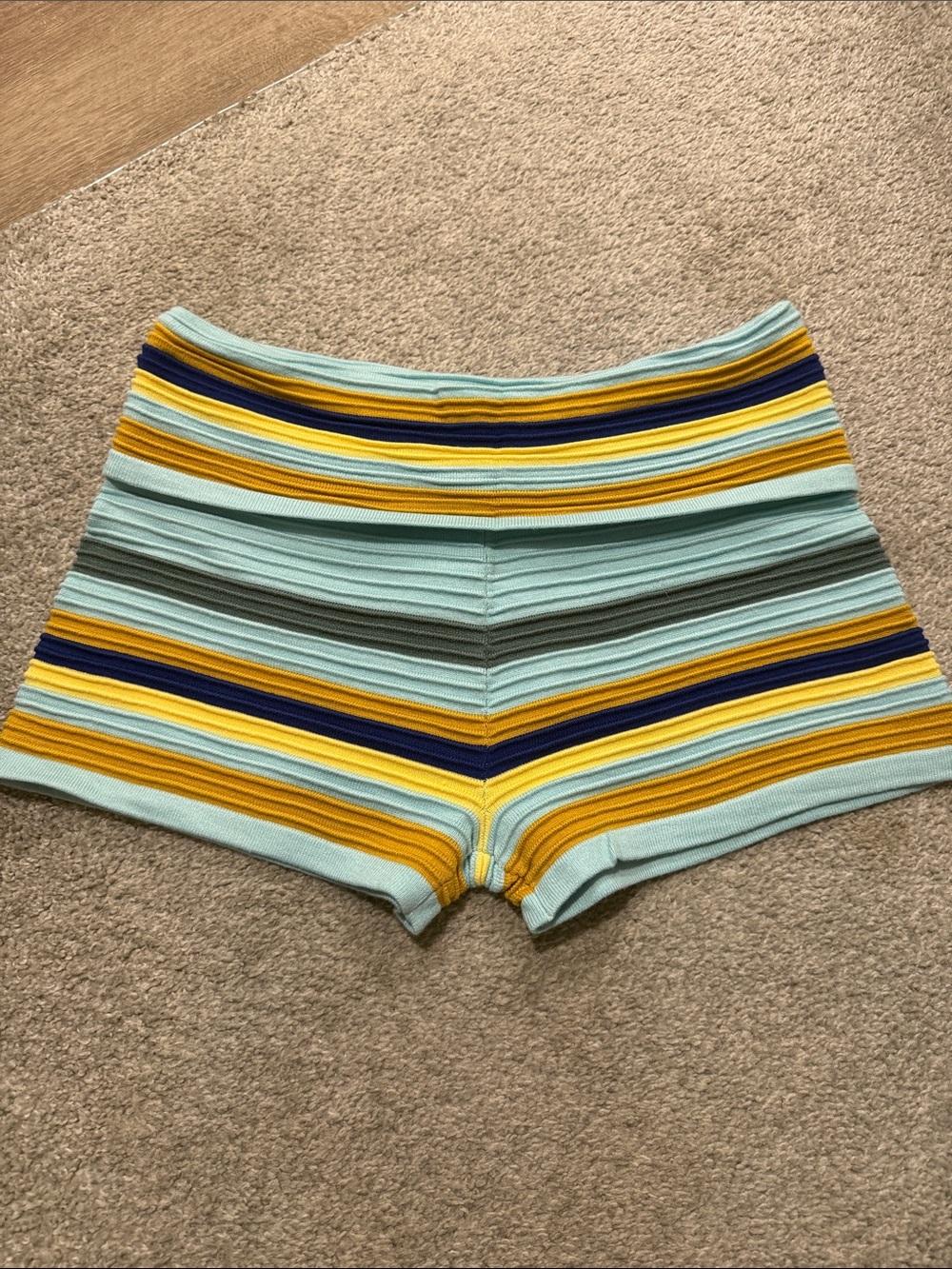 Source Unknown Striped Knit Bike Shorts in Light Blue, Yellow & Navy